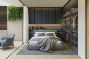 Dormitorio principal de lujo con vestier de cristal y balcón exterior. Un diseño que garantiza privacidad y acabados premium en los apartamentos exclusivos en La Estrella, Antioquia.